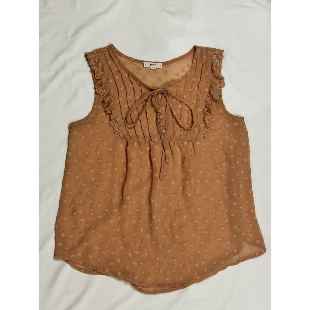 MINE Peach Polka Dot Chiffon Lace Sheer Tie Neck Sleeveless Babydoll Y2K Blouse
